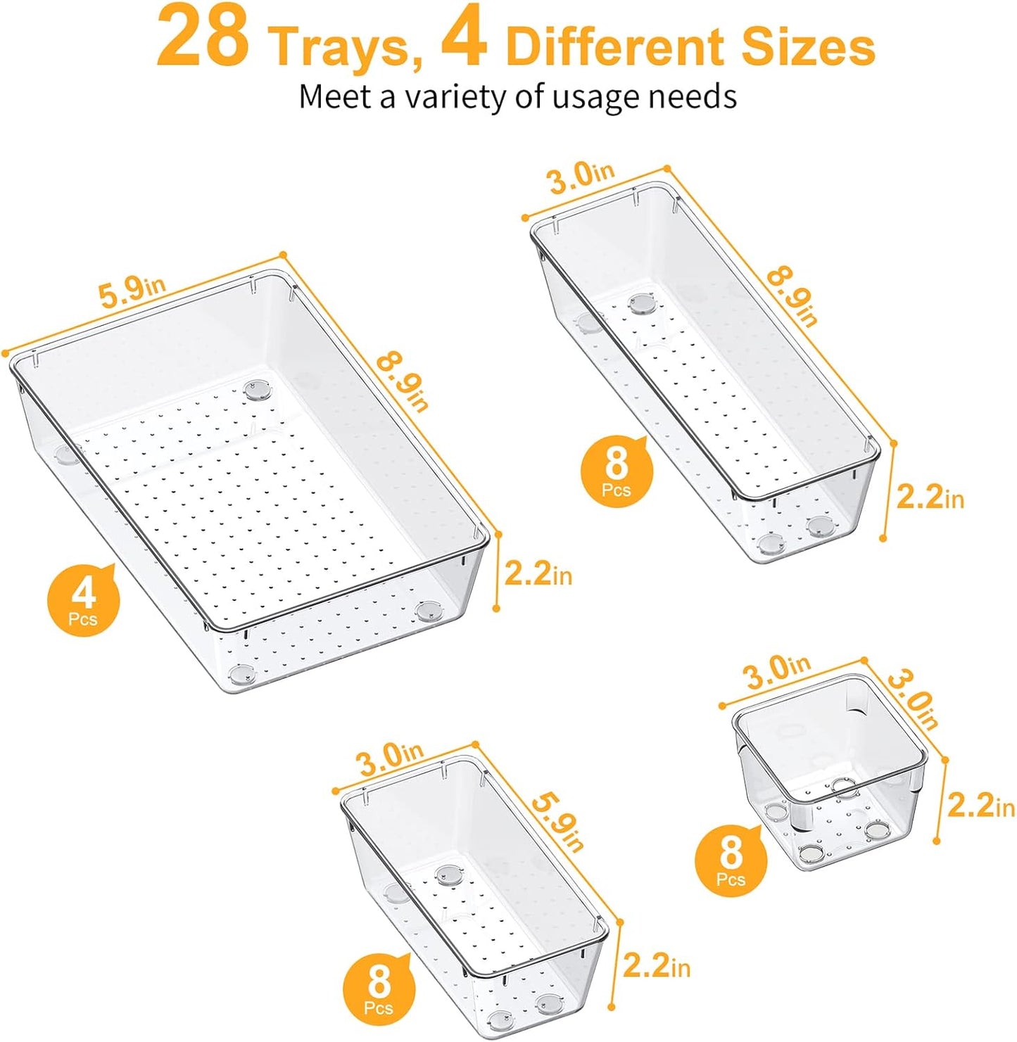 SMARTAKE 13-Piece Drawer Organizers with Non-Slip Silicone Pads, 5-Size Desk Bathroom Drawer Organizer Trays Storage Tray for Makeup, Jewelries, Utensils in Bedroom Dresser, Office and Kitchen, Clear