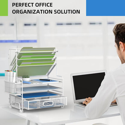 MINDEPOT 4-Tier Paper Organizer + 3-Pocket File Holder + Drawer + Pen Holders, Desktop File Organizers Paper Tray for Office Accessories School Classroom Organization (Black)