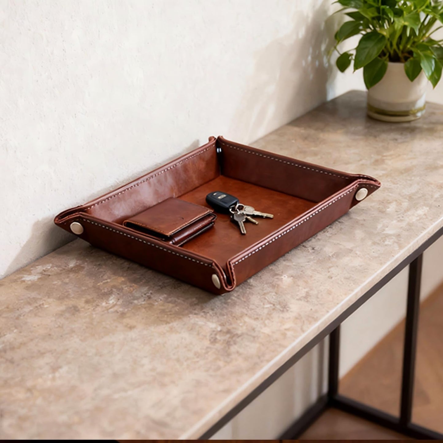 Leather Valet Tray Organizer, Catchall Tray, Desktop Storage for Keys, Coins, Wallet, Phone, Jewelry | Multi-Use Entryway Table, Desk & Nightstand Storage for Men & Women (Maroon)