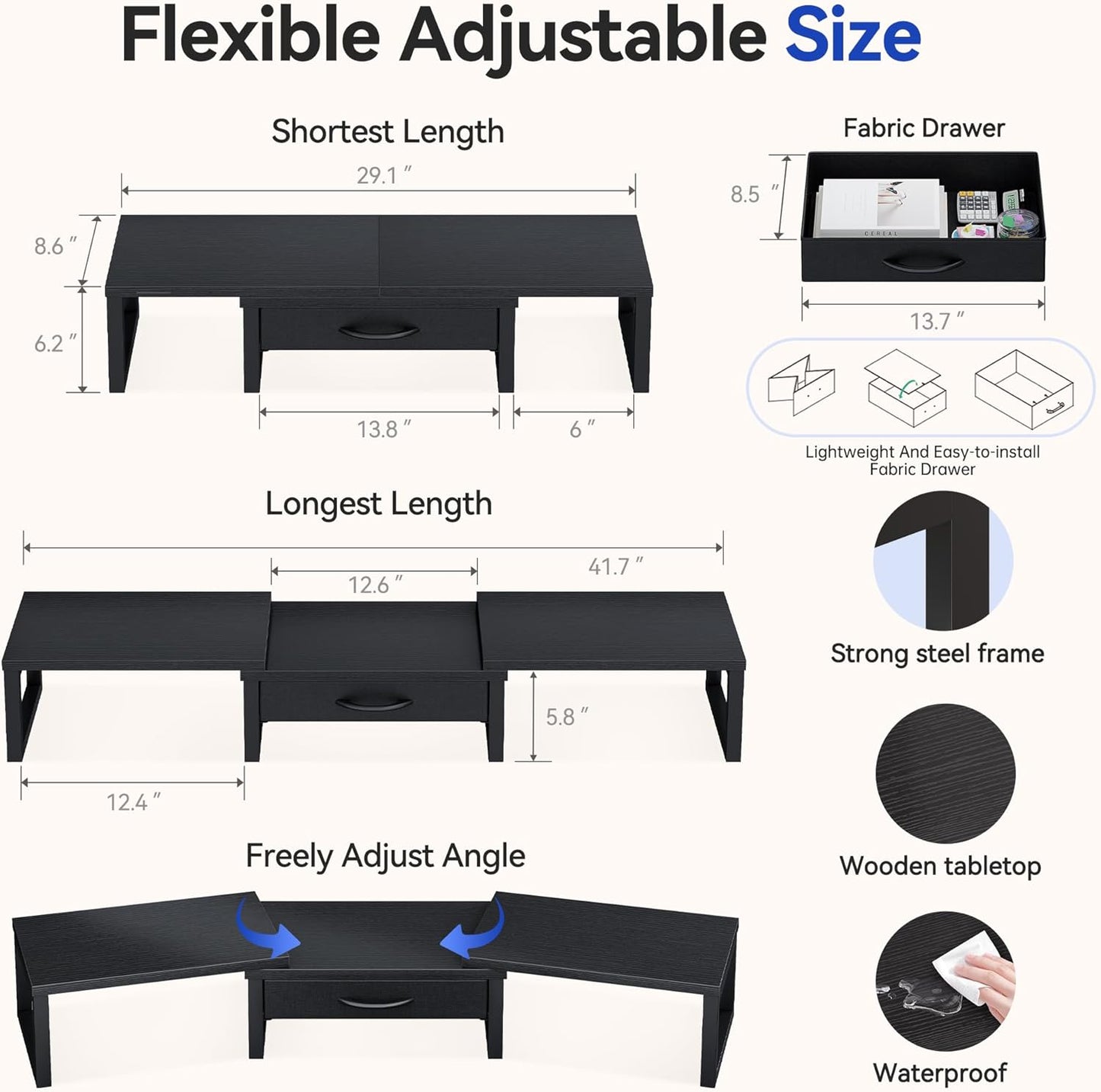 Dual Monitor Stand Riser, Desk Organizers and Accessories with Drawer, Computer Monitor Stands for Desk, Adjustable Desktop Shelf for PC Laptop Printer TV, Black