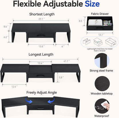 Dual Monitor Stand Riser, Desk Organizers and Accessories with Drawer, Computer Monitor Stands for Desk, Adjustable Desktop Shelf for PC Laptop Printer TV, Black