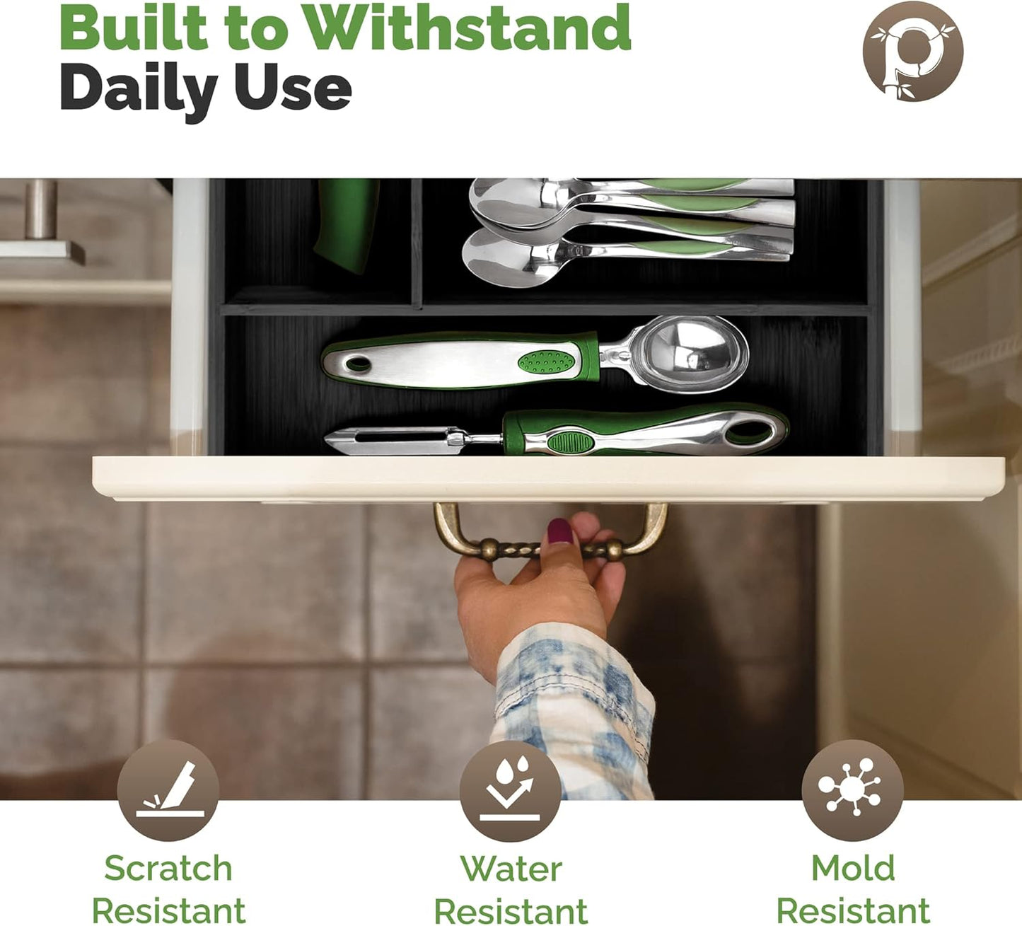 Pristine Bamboo Expandable Drawer Organizers for Kitchen - Extra Deep Non-Slip 17” x 14.6” (expands up to 25 inches) - Dark Wooden Silverware Divider (10 Compartments) – Organize Cooking Utensils