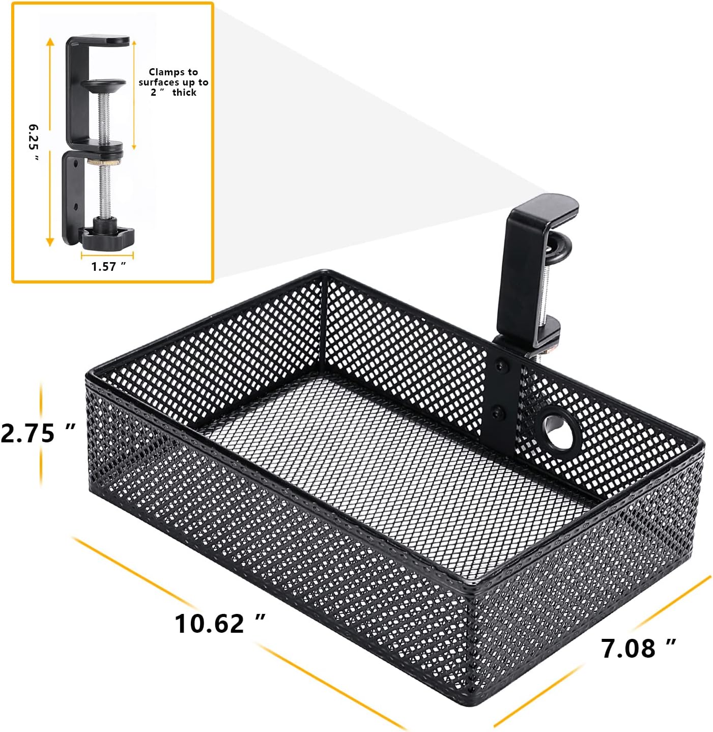 2-Tier Clamp-On Mesh Organizer, Under Desk Storage with Slide-Out Tray, No Drilling Tool-Free Installation, Durable Rust-Resistant Metal, Large-Capacity Organizer.