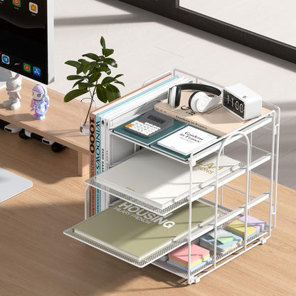 Desk Organizer, 4-Tier Metal File Organizer for Desk with Vertical File Holder, Office Accessories and Desktop Storage for Office Supplies (Black)