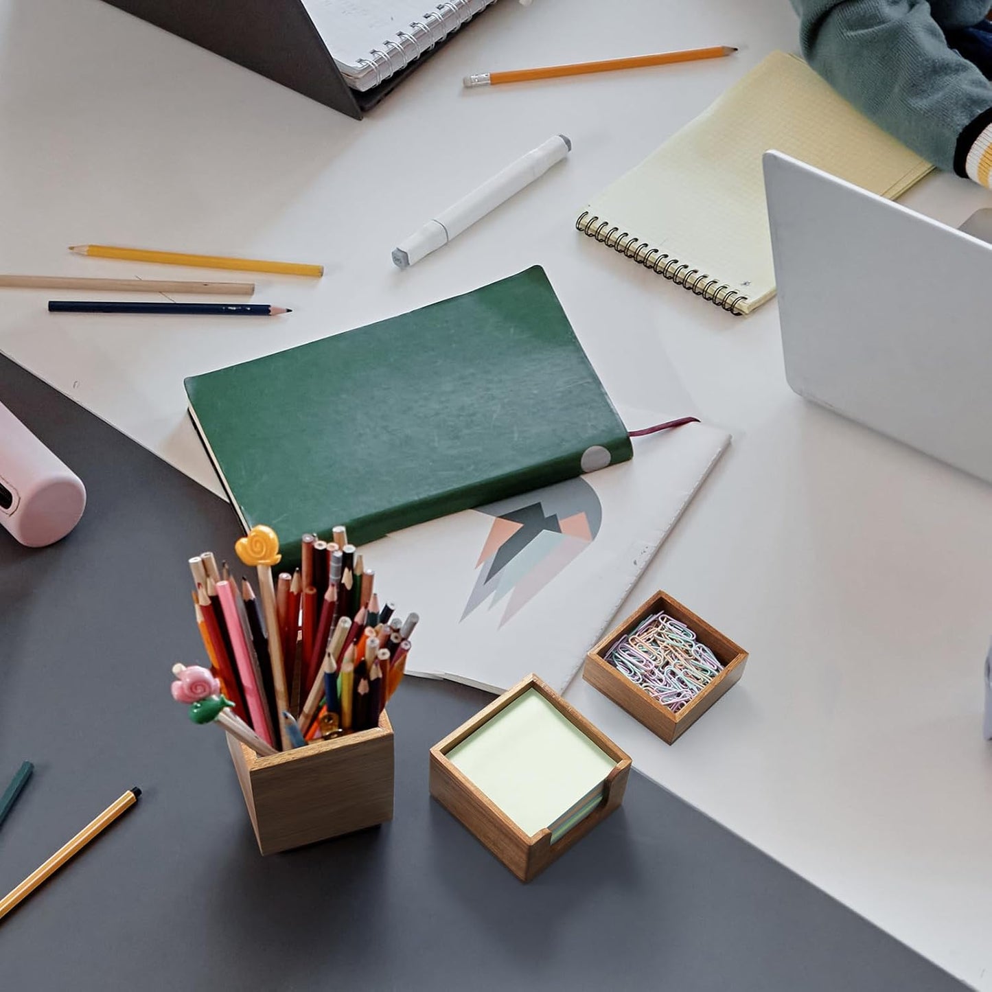 Desk Organizer Set of 3 - Bamboo Office Desk Accessories - Desk Organizers and Accessories for Women Men - Set incl. Pencil Pen Holder, Paperclip Storage and Sticky Note Holder