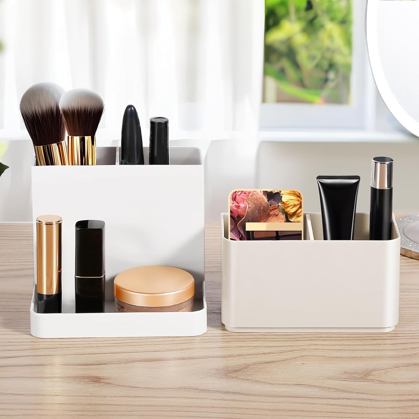 Poeland Desktop Storage Organizer, Pen and Pencil Cases Boxes, Pen or Pencil Holder Box Container for Desk, Office Supplies, Vanity Table Tan