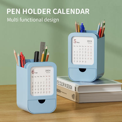 Upgraded Pen Holder with Built-in Calendar - Modern Desk Organizer for Office, School, Home, Premium Silicone Design with Chic Aesthetic, Multi-Functional Stationery & Makeup Storage - Blue