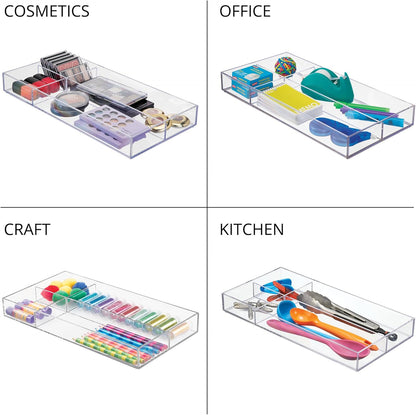 iDesign Clarity Plastic Divided Drawer Organizer, Storage Container for Vanity, Bathroom, Kitchen Drawers, 8" x 16" x 2", Clear,40850