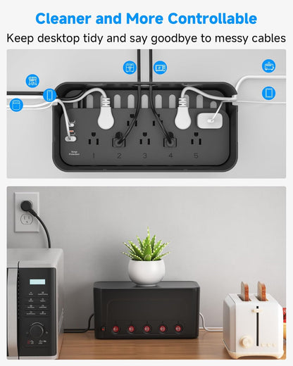 Power Strip with Cable Management Box,Surge Protector 10 AC and 3 USB Ports,6 ft Flat Plug Extension Cord,Outlet Hider Fast Charging Station,Desk Cord Organizer Box and Cover,Hidden Long Wire,Black