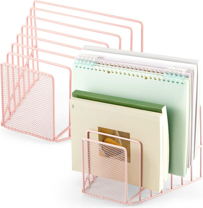 2 Pcs 7 Section Wire File Organizer for Desk, Metal Mesh Incline File Holder, Letter & Magazine Folder Rack, Desktop Paper Sorter for Home Office School (Golden)