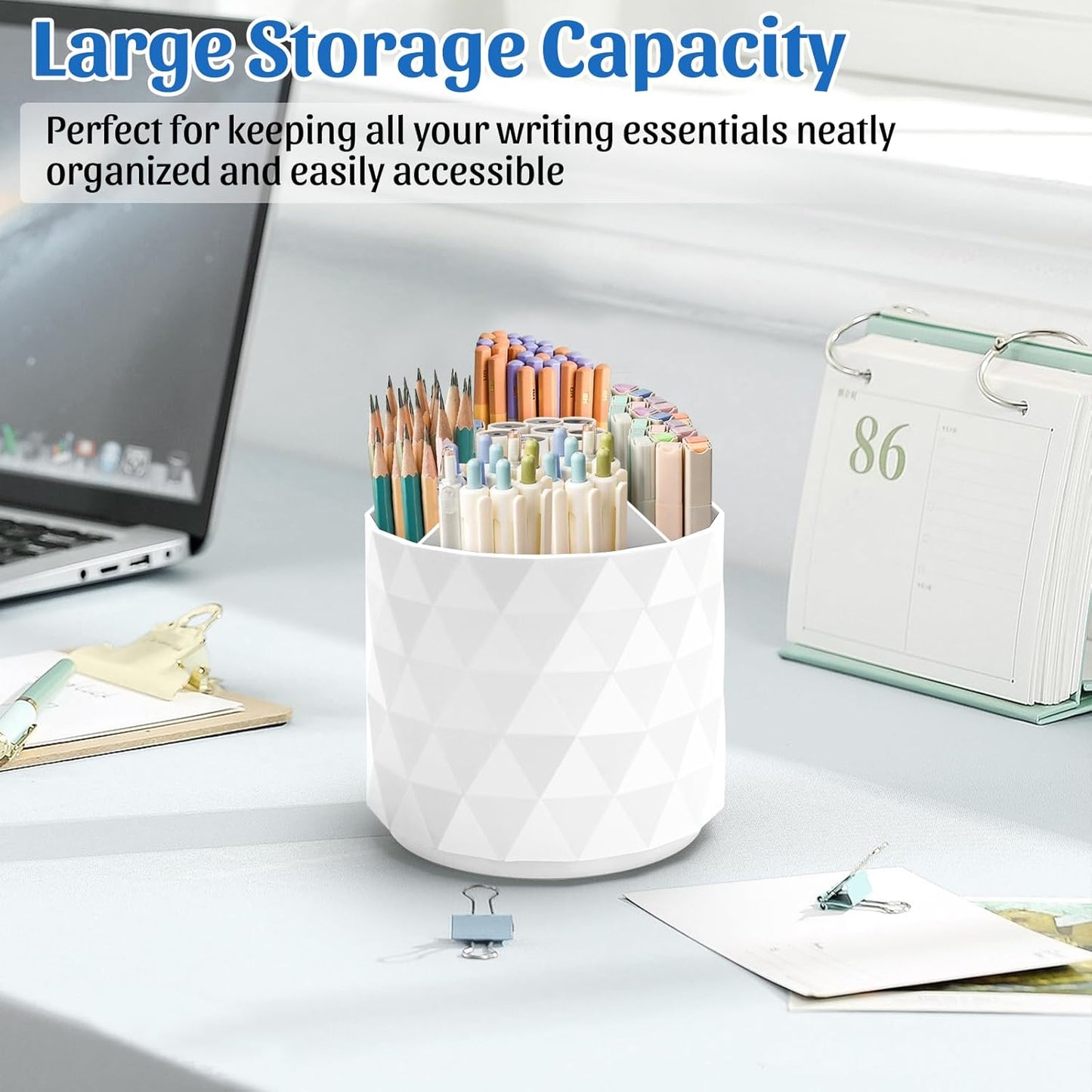minimaliving Desk Organizer,Sparkling Diamond-like Pen Holder for Desk 360°Rotating Office Accessories,Pencil Cup with 5 Compartments Storage Box Caddy for Office,School,Home,Art Supply(White)