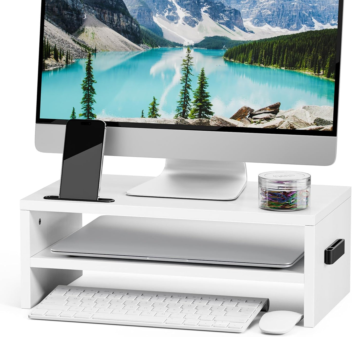 Marbrasse Monitor Stand Riser, 2 Pack 16.5 Inch 2 Tier Computer Monitor Stand, Printer Shelf Stand for Laptop Computer Screen Storagek,Desktop Stand with Phone Holder and Cable Management