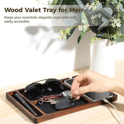 Homaisson 11.6×7.7×0.6" Wood Valet Tray for Men, Key Tray for Men, Acacia Wood Men's EDC Storage Dish for Nightstand, Desk Trays with Phone and Watch Slots