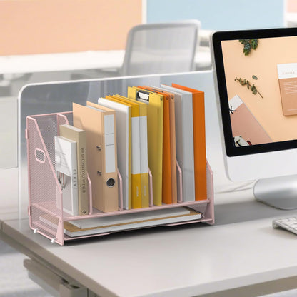 Desk File Folder Holder Organizer-5 Vertical Compartments Racks and Paper Letter Tray,Mesh Magazine File Holder Sorter,Desktop Accessories & Workspace Organizers for Home,Office,School-Black