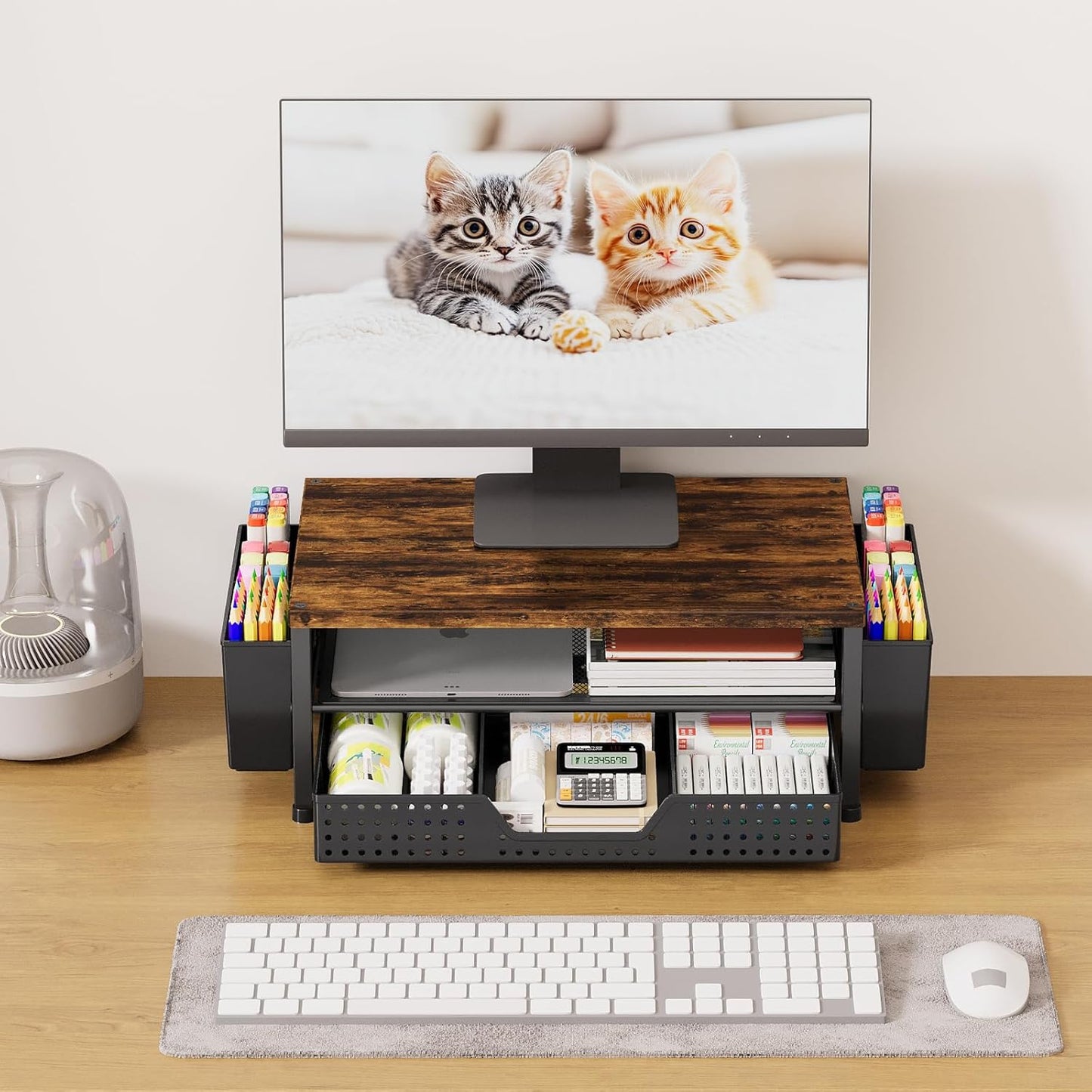 OPNICE Desk Organizers and Accessories, Computer Monitor Stand Riser with Drawer and 2 Pen Holders, Printer & Laptop Stand, Office Desk Accessories & Workspace Organizers for Home Office Supplies, Black