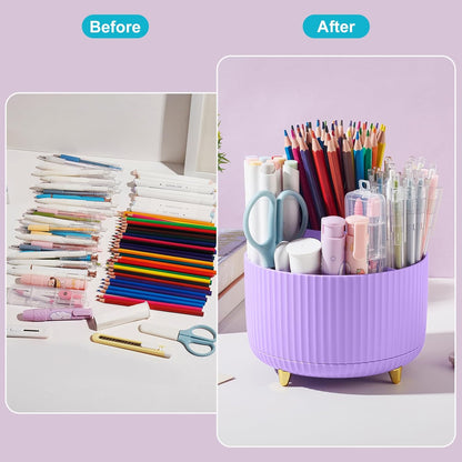 Desk Pencil Pen Holder, 5 Slots 360 Degree Rotating Pencil Pen Organizers for Desk Desktop Storage Stationery Supplies Organizer Cute Pen Cup for Office School Home Art Supply Cream Yellow