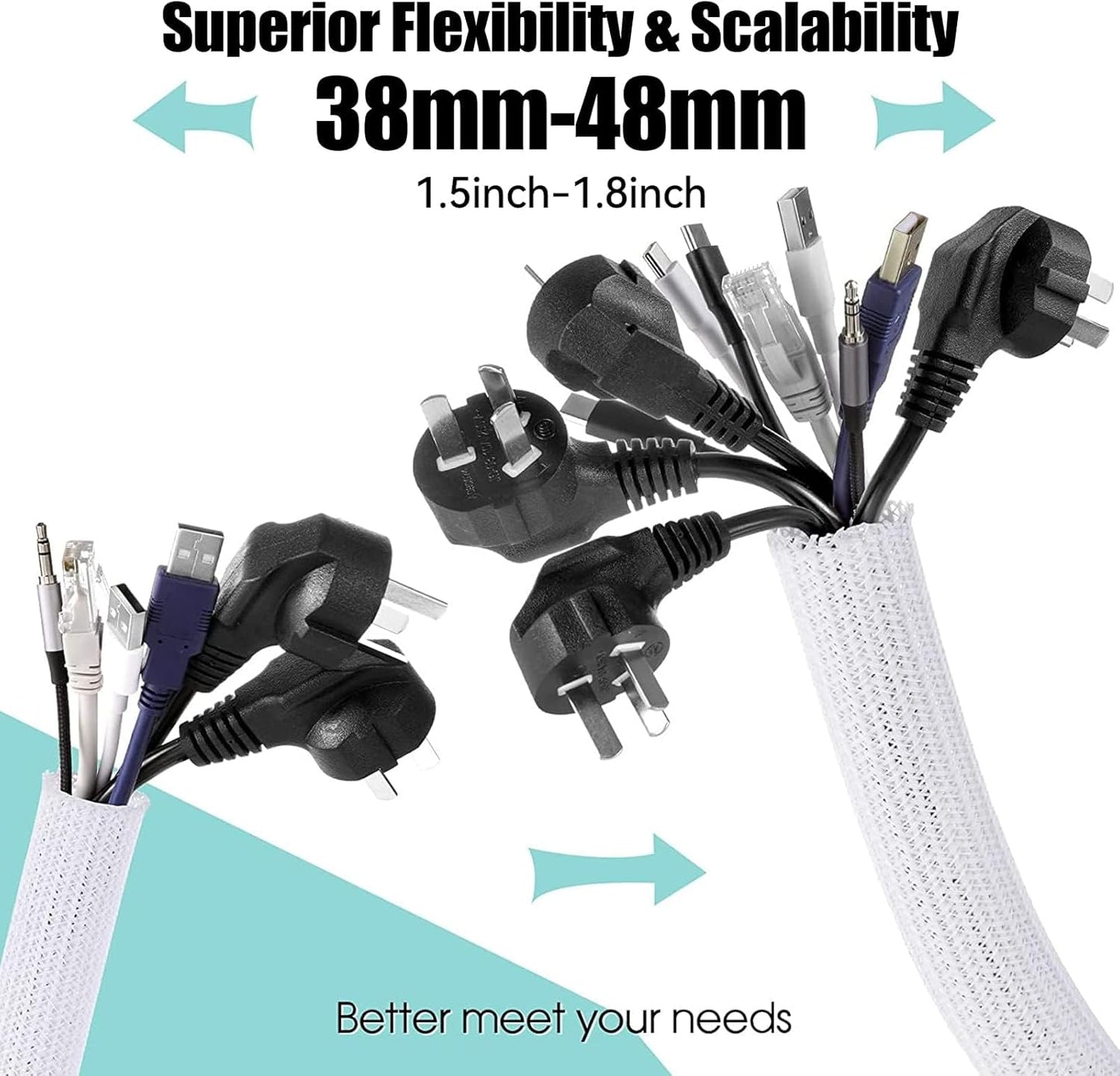 AGPTEK White Cable Sleeve, 2 Pack 5ft - 1.2 Inch Cable Management, Desk Cord Cover Organizer Wire Hider for Computer TV Wire Loom Tubing, Pet Proof Cord Protector from Cat Dog Chewing, White