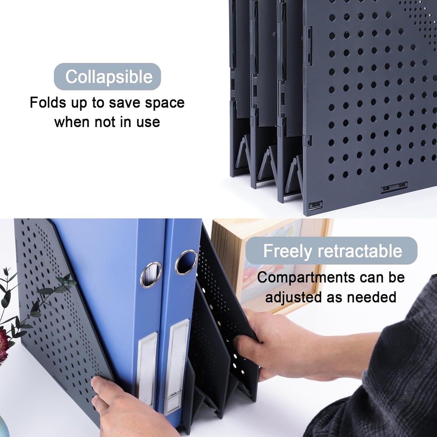 FRETONBA Collapsible Magazine File Holder with 2 Vertical Compartments Foldable Binder Holder for Desk Binder Storage Organizer Plastic Magazine Holders for Shelf, Dark Gray