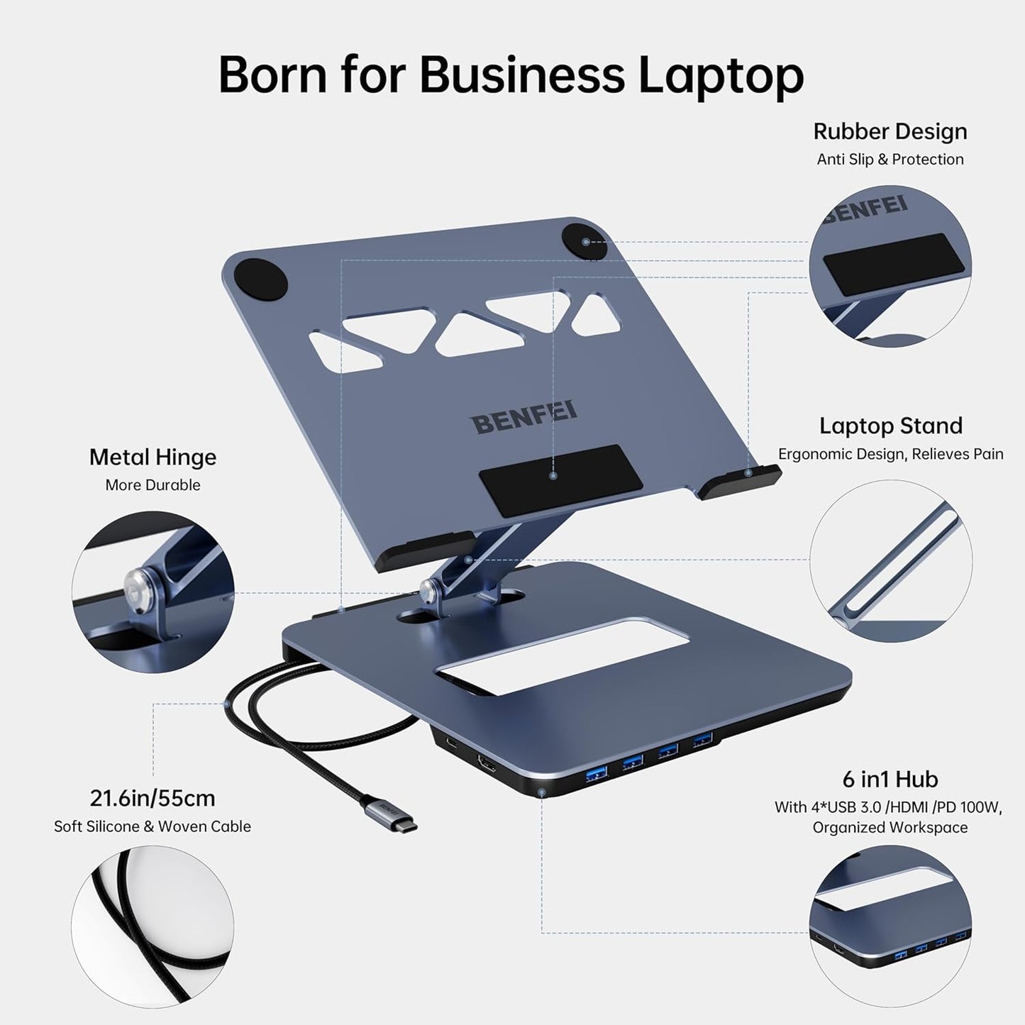 BENFEI Laptop Stand with USB C 6in1 Docking Station, HDMI 4K@60Hz, 4*USB3.0, 100W PD Compatible with MacBook Pro/Air, iPad Pro, XPS, Thinkpad