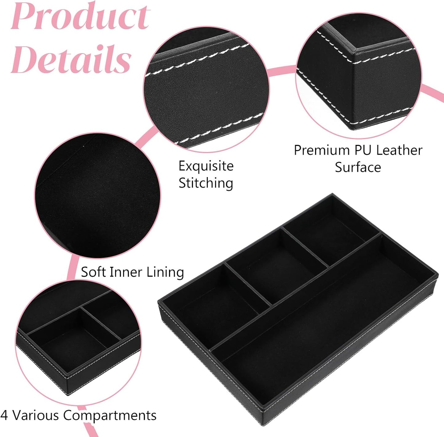 3 Pieces Faux Leather Valet Tray Set, Stackable Jewelry Organizer with Soft Lining, Dresser Storage Box for Nightstand, Key, Wallet, Watch, Phone, Sunglass, Coin, Black