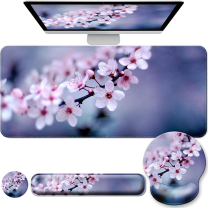 Desk Mat Set + Keyboard and Mouse Pad with Wrist Rest Support,4-in-1 Large Mousepad Computer Mats for Desktop Home & Office-Purple Butterflies