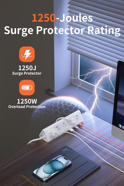 6.5 FT Desk Clamp Power Strip with 5 AC Outlets & 6 USB Ports PD 40W USB-C Fast Charging, 1250J Surge Protector, Fits 2.1 in top Edge Black