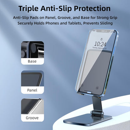 All-Metal Cell Phone Stand 360° Rotatable & Height Adjustable - 25KG Super Load-Bearing, Foldable Desk Stand for Phone, Compatible with iPhone 17/16/15/14, Nintendo Switch, Silver