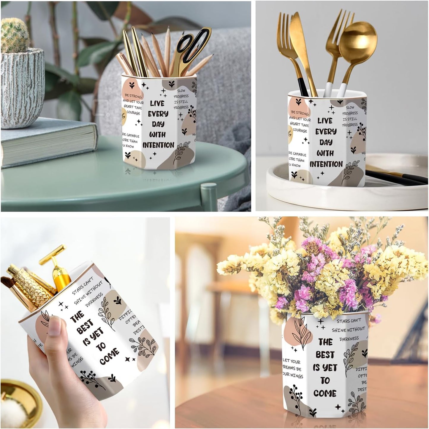 WAVEYU Ceramic Pen Holder for Desk Cute, Pencil Cup Pot Desk Organizer, Makeup Brush Holder for Women, Men, Kids, Desk Marble Decor for Office, Classroom, Home, Gray Golden