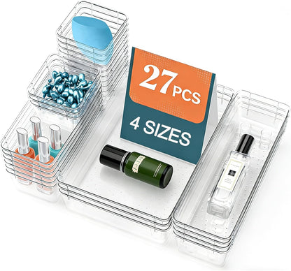 15 Pack Clear Plastic Drawer Organizer Set - 4 Sizes Makeup Vanity Organizer Chest of Drawers Storage Stackable Organizers Bins Divider Box for kitchens, Bedrooms, Bathrooms, Offices, Junk, Gadgets