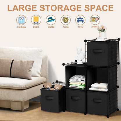Leinuosen 6 Cube Storage Organizer with Fabric Bins, Wire Grid Stackable Shelves, Modular Storage Units for Bedroom Living Room Office Toys Book Craft(Black,Gray)