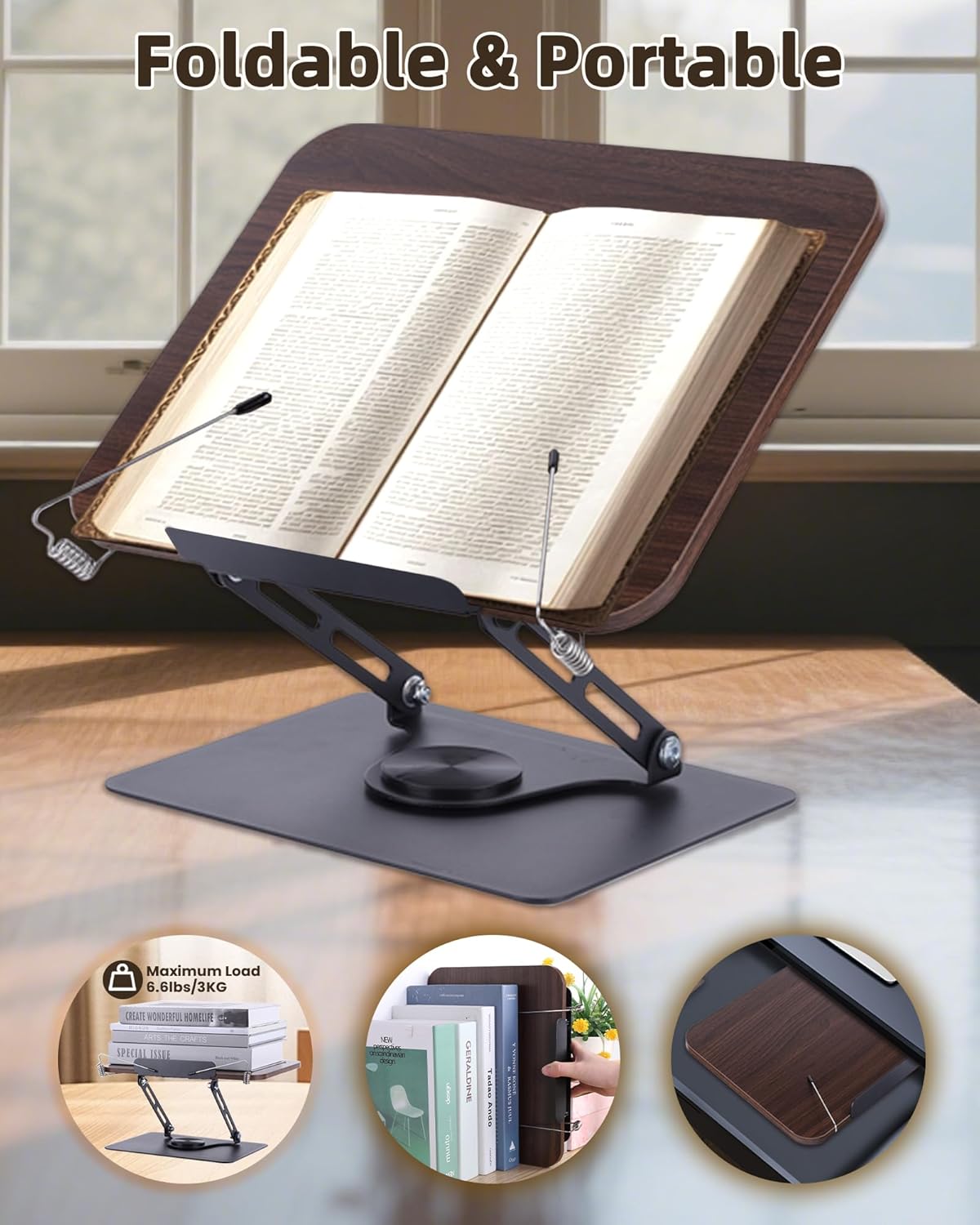 ASIEIT Desk Clamp Book Stand, Aluminum Book Holder Adjustable Height & Angle, Cookbook Stand for Kitchen, Recipe Book Holder with 360° Swivel Base, Book Stand for Reading, Office, Laptop