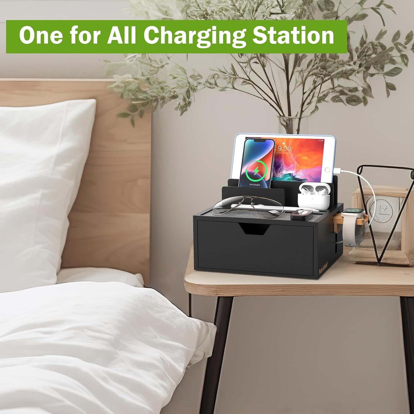 Pezin & Hulin Bamboo Charging Station for Multi Device with 5 USB Charger HUB, Phone Docking Station with Lined Tray & Drawer(Include 5 Charger Cables)-Black