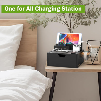 Pezin & Hulin Bamboo Charging Station for Multi Device with 5 USB Charger HUB, Phone Docking Station with Lined Tray & Drawer(Include 5 Charger Cables)-Black