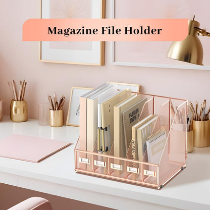 SUPEASY Desk Organizers Metal Desk Magazine File Holder with 5 Vertical Compartments Rack File Organizer for Office Desktop, Classroom, Home Workspace, Black