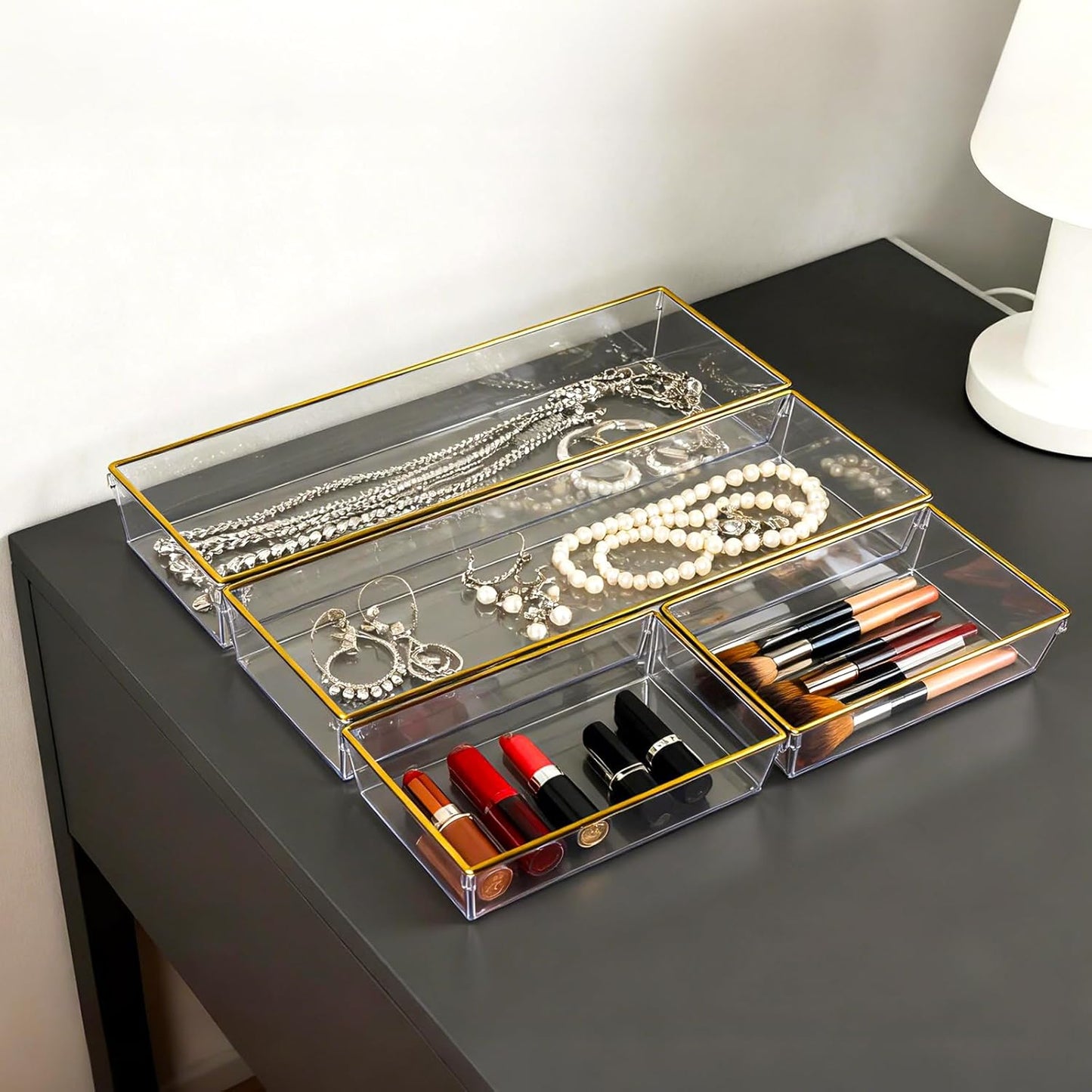 4 Pack Large Size Clear Stackable Drawer Organizer Trays, Gold Rim Makeup Drawer Storage Tray Divider, Desk Storage for Makeup, Jewelry, Bathroom, Stationary, Kitchen Utensils and Office Desk