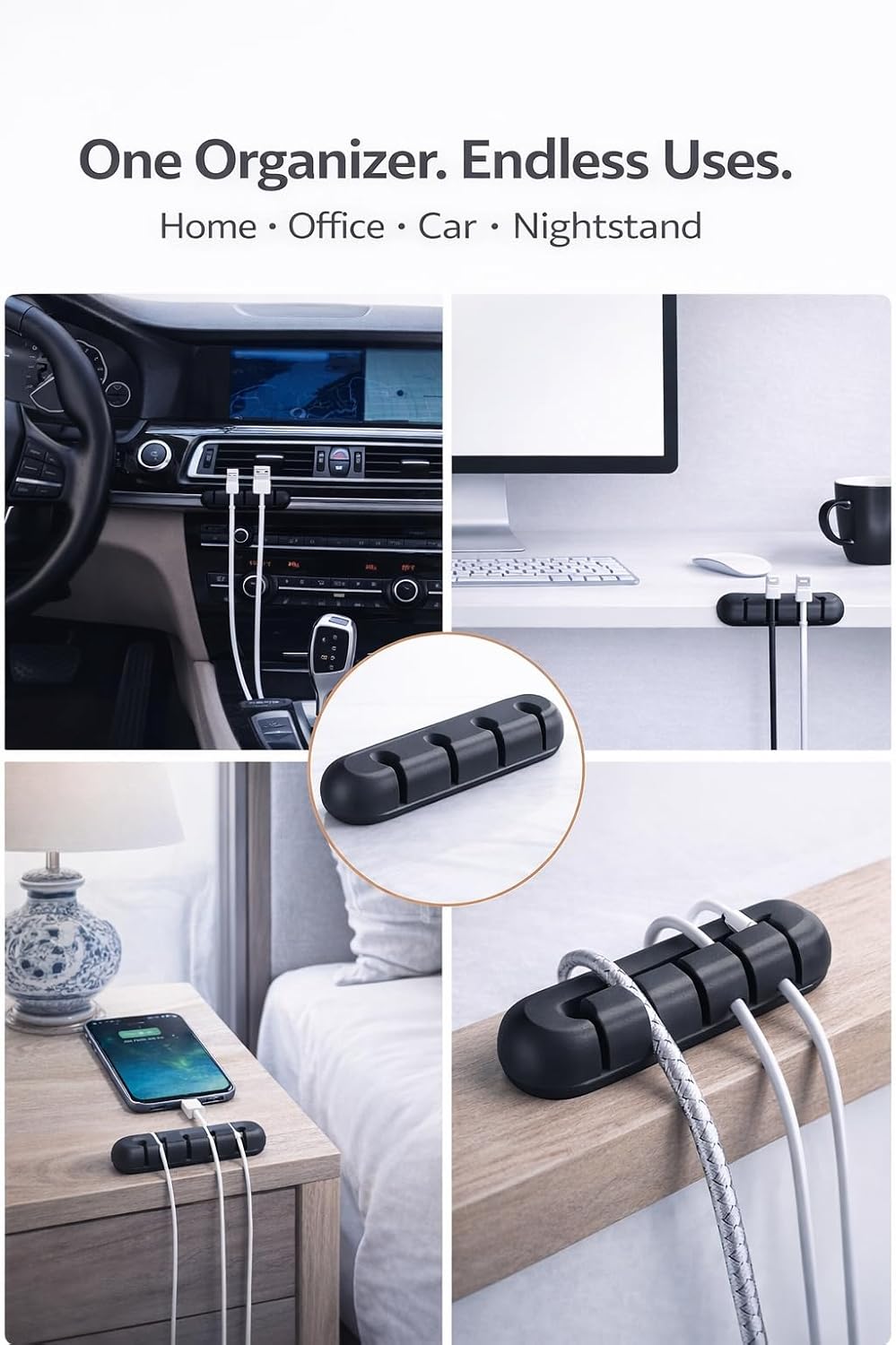 Cable Organizer Clips 2-Pack (5-Slot & 3-Slot) – Strong Adhesive Cord Holder for Desk, USB & Charging Cables, Silicone Wire Organizer for Home Office & Car – No-Drill, Keeps Cables Tidy