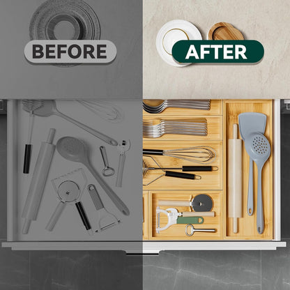 Lixple Bamboo Drawer Organizer, Cutlery Silverware Organizer for Kitchen Drawer, Stackable Utensil Organizer, 2 Pcs Flatware Organizer for Drawer, Wooden Storage Box Tray (Bamboo, 9 X 6 X 2 Inch)