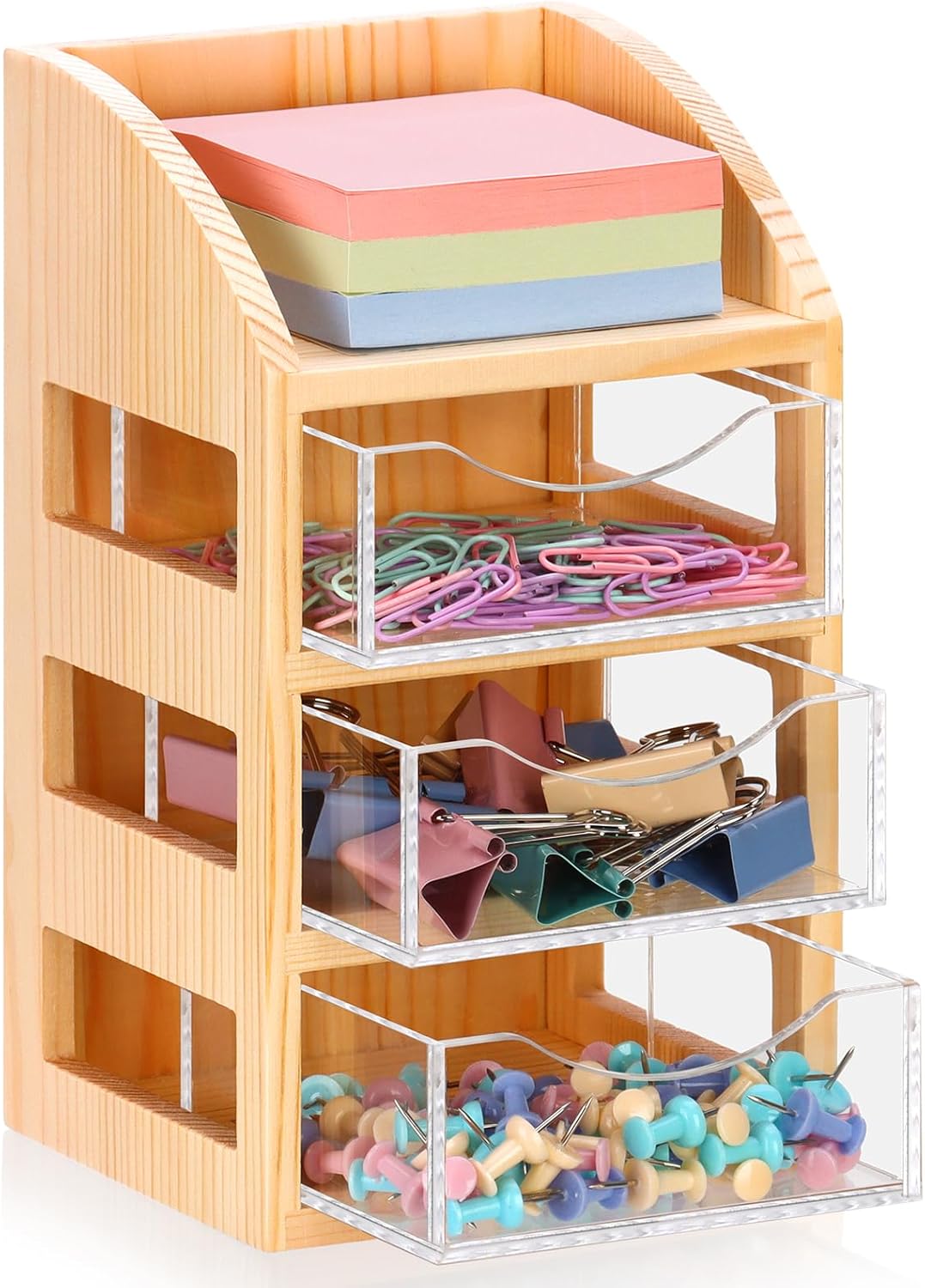 3 Drawer Desktop Accessory Storage Drawers Clear Desktop Organizer with Drawers Small Desk Organizer with Drawer Paper Clip and Binder Holder Wood Acrylic Sticky Note Holder 4.53"L x 4.1"W x 7.7"H