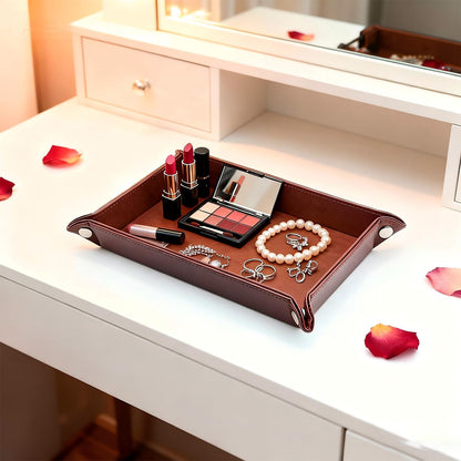 Leather Valet Tray Organizer, Catchall Tray, Desktop Storage for Keys, Coins, Wallet, Phone, Jewelry | Multi-Use Entryway Table, Desk & Nightstand Storage for Men & Women (Maroon)