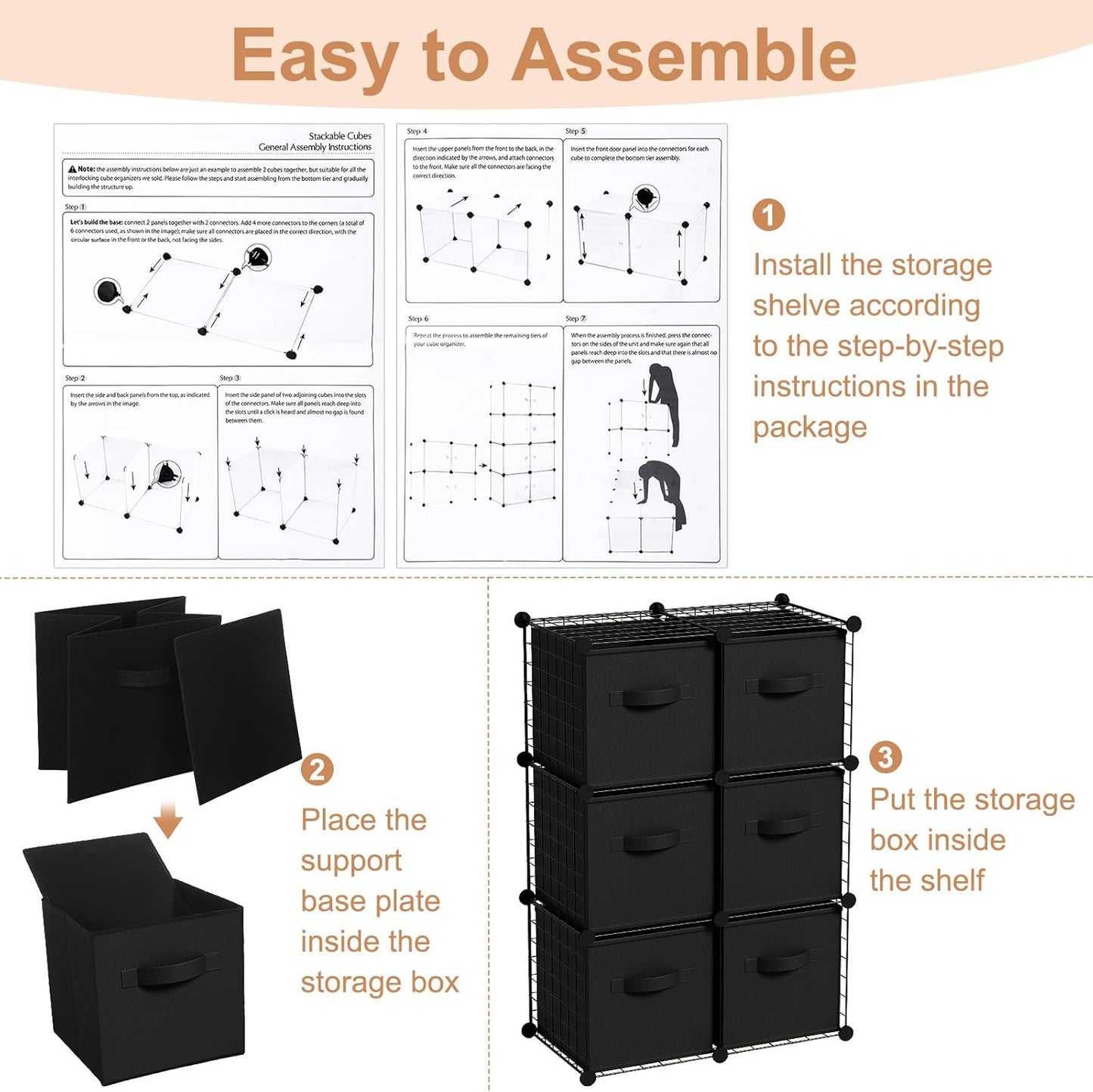 Leinuosen 6 Cube Storage Organizer with Fabric Bins, Wire Grid Stackable Shelves, Modular Storage Units for Bedroom Living Room Office Toys Book Craft(Black,Gray)