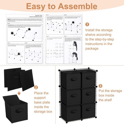 Leinuosen 6 Cube Storage Organizer with Fabric Bins, Wire Grid Stackable Shelves, Modular Storage Units for Bedroom Living Room Office Toys Book Craft(Black,Gray)