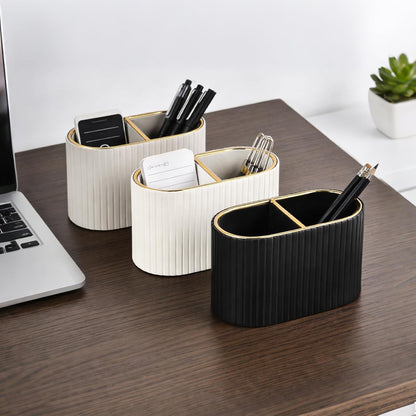 PU Leather Desk Organizer,Pen Holder,Small Remote Control Holder Pencil Cup Multifunctional Nightstand Organizer Caddy for Home School Office Desk Accessories,2 Compartments (Cream White)