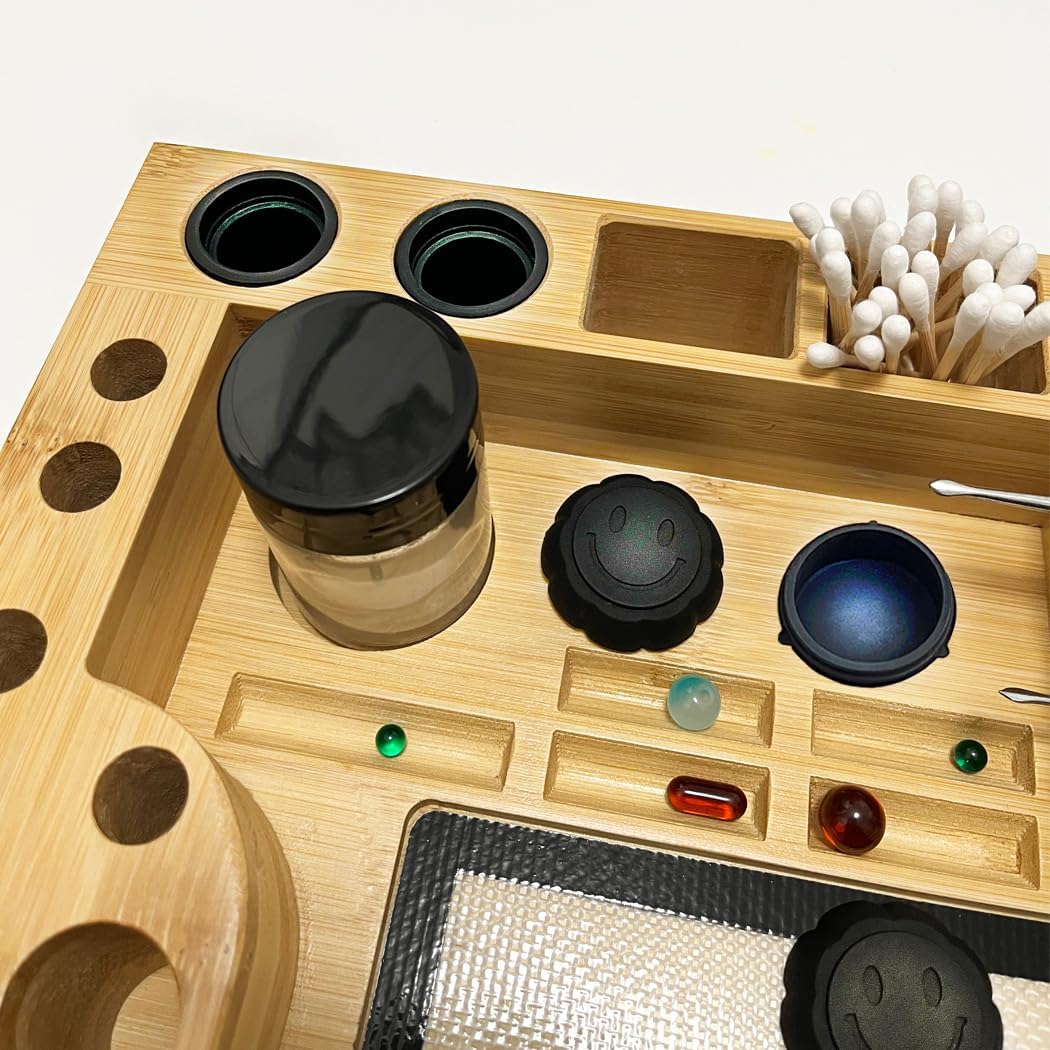 Bamboo Desk Organizer,Carving Tool Organizer with Non-sticky Mat and Silicone Container (21 x 16 x 4.5cm)