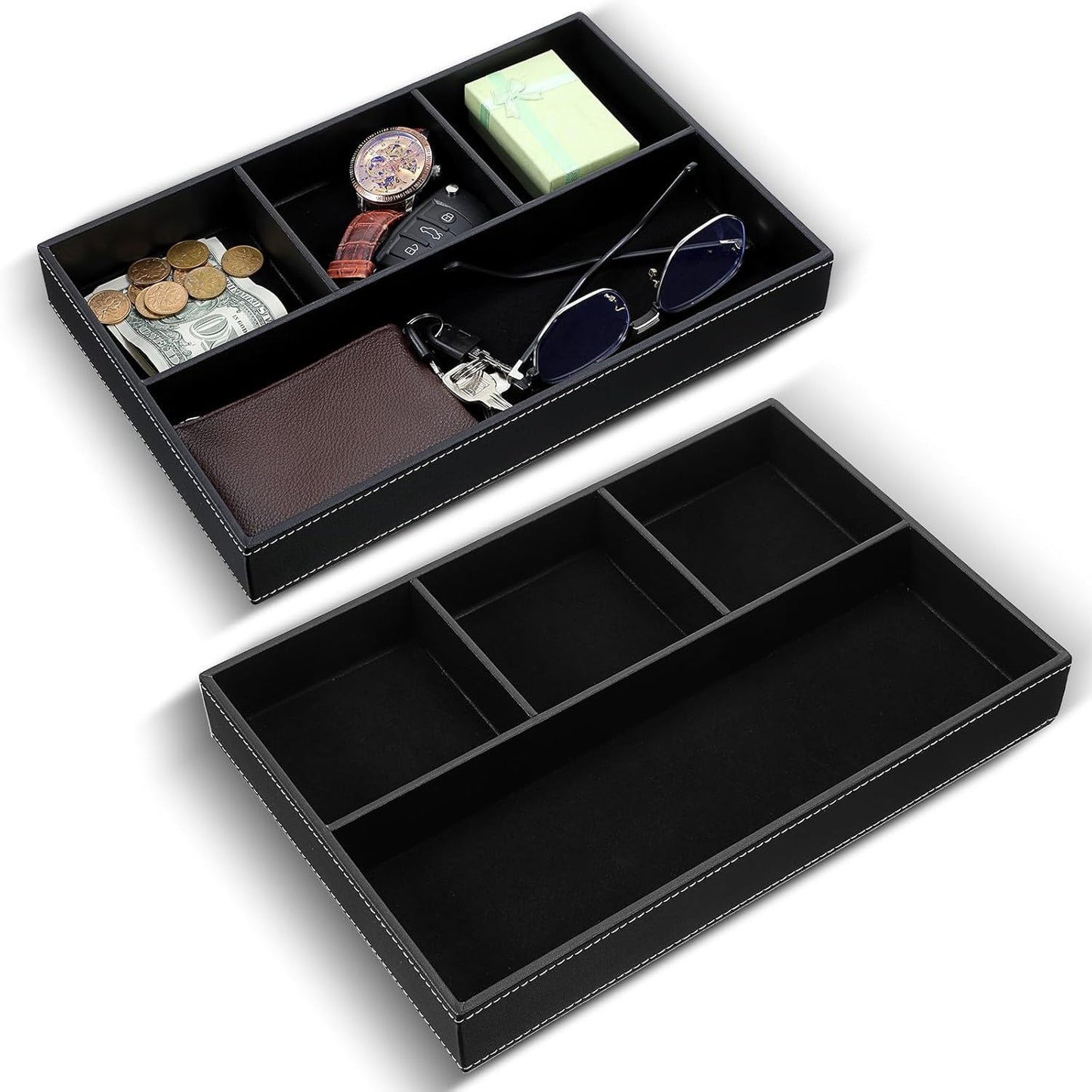 2 Pieces Faux Leather Valet Tray for Men, Stackable Jewelry Organizer for Drawers, Nightstand Caddy Tray for Key, Wallet, Sunglass, Watch, Coin, Phone, Bedside Desk-top Storage (Black)