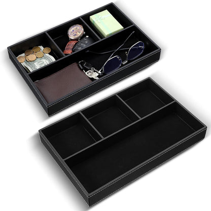 2 Pieces Faux Leather Valet Tray for Men, Stackable Jewelry Organizer for Drawers, Nightstand Caddy Tray for Key, Wallet, Sunglass, Watch, Coin, Phone, Bedside Desk-top Storage (Black)
