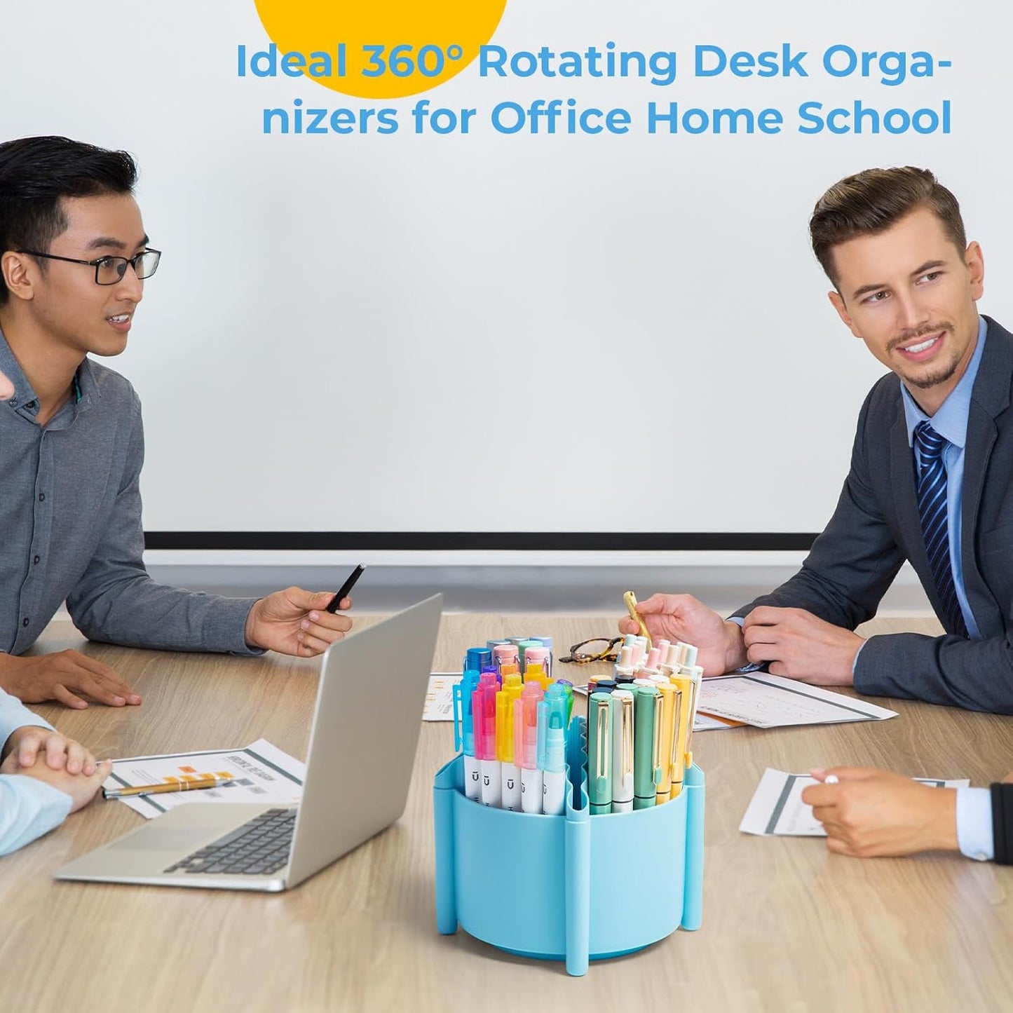 M&G 360 Degree Rotating Desk Organizer, 4 Slot Pencil Holder with Stickers, Multi-Purpose Cute Pen Pencil Cup for Make Up Brush Office School Home (Blue)