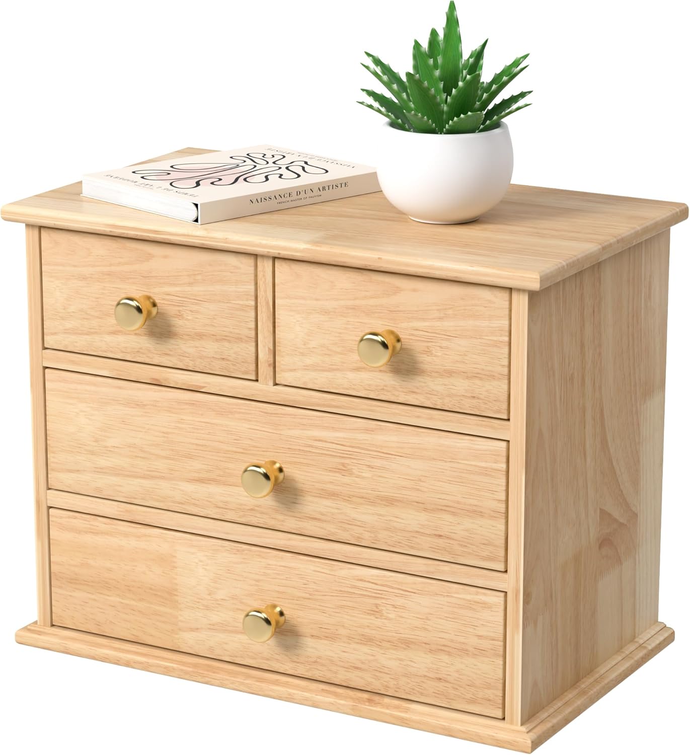 Oak Desk Organizer with Drawers, Durable Wooden Desktop Storage Box with Metal Handles & Non-Slip Silicone Pads, 4 Drawer Tabletop Organizer for Office, Bedroom, Bathroom, Vanity, and Makeup – Walnut