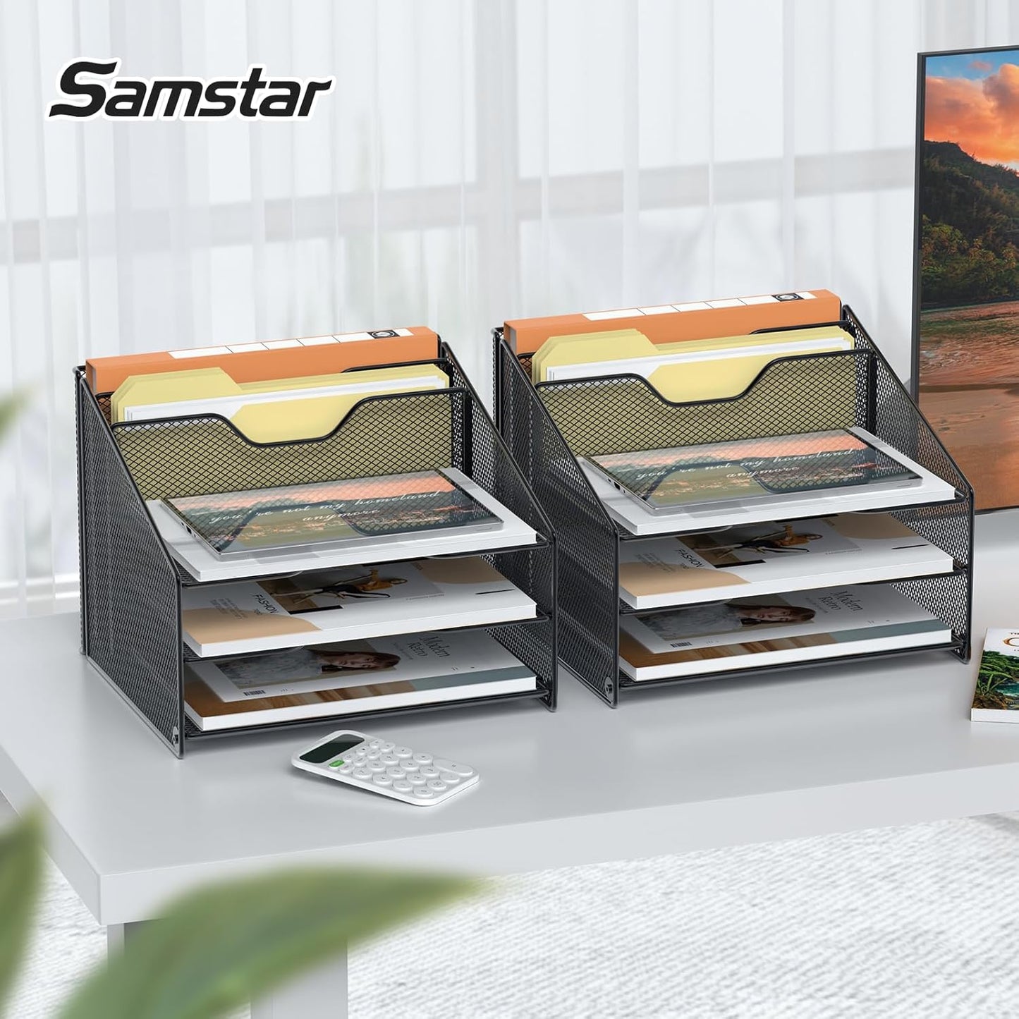 Samstar Desk File Organizer, Mesh Letter File Folder Holder with 3 Paper Trays and 2 Vertical Upright Section, for Office Supplies,Desk Accessories & Workspace,Black.