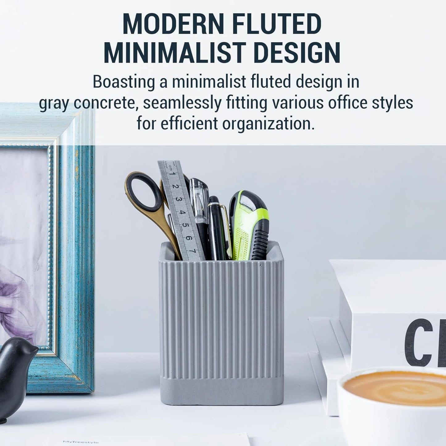 MyGift Pen Holder Pencil Holder For Desk Desktop Pen Cup Holder Gray Concrete 3.5 Inch Round Modern Office Desk Organizer