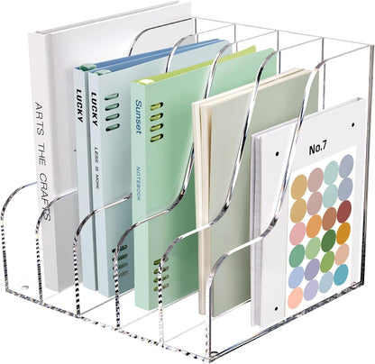 SANRUI Acrylic Magazine Holder Desk Organizer Workspace Sorters，Clear Bookend File Sorter Holder，Folder Rack, Office Accessories Organization Storage with 3 Vertical Compartments